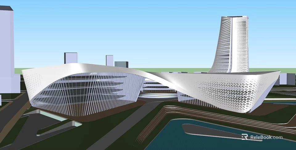 Modern Architectural Design Featuring Curved Roof Glass Facade Waterfront And Green Space 3d model 