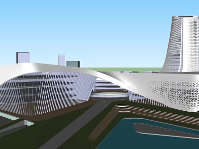 Modern Architectural Design Featuring Curved Roof Glass Facade Waterfront And Green Space 3d model