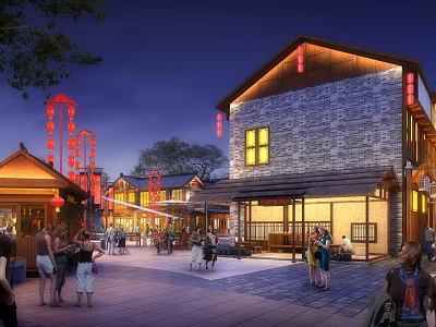 Traditional Commercial Street With Ancient Architecture Red Lanterns And Night Pedestrian Activities 3d model