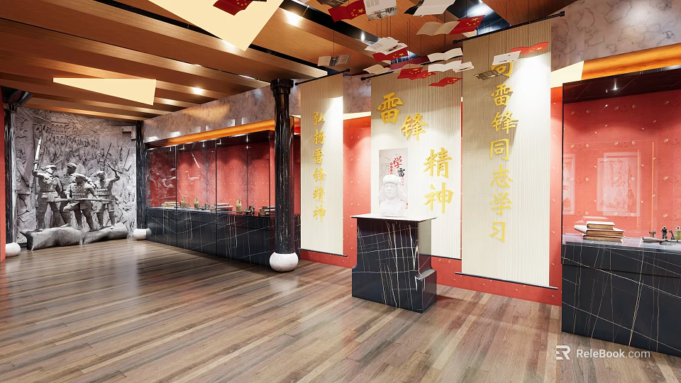 Traditional Cultural Center Interior With Wooden Floors Wall Decorations And Chinese Inscriptions 3d model 