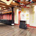 Traditional Cultural Center Interior With Wooden Floors Wall Decorations And Chinese Inscriptions