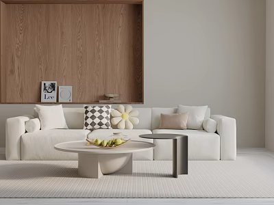 White Three Seater Sofa With Decorative Pillows In Light Living Room With Round Coffee Table 3d model