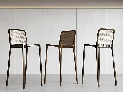 Modern Bar Stools With Woven Back And Metal Legs In Minimalist Setting 3d model
