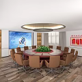 Elegant Conference Room With Round Table Brown Chairs Green Plant Large Screen And Wooden Decor