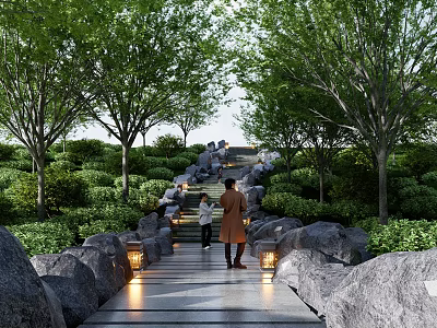 Garden Ornaments Featuring Stone Path Trees Greenery And Lantern Lights With People Walking 3d model