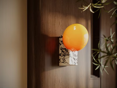 Orange Spherical Wall Lamp Mounted On Wooden Wall With Decorative Base And Green Leaves 3d model