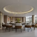 Modern Private Dining Room With Round Table Chandelier And Large Windows 3d model
