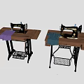 Industrial Sewing Machines On Wooden Tables With Purple And Light Blue Fabric