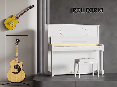 Stylish Modern Interior With Musical Instruments Yellow Electric Guitar Acoustic Guitar White Piano And Stool 3d model