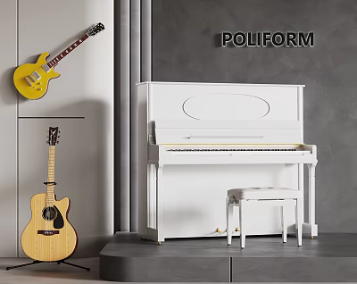 Stylish Modern Interior With Musical Instruments Yellow Electric Guitar Acoustic Guitar White Piano And Stool 3d model
