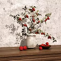 Vase With Red Berries And Green Leaves On Wooden Table Against Gray Textured Wall
