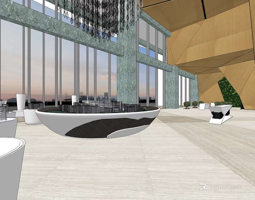 Modern Sales Office Interior With Large Windows Chandelier Reception Desk And Wooden Flooring 3d model 