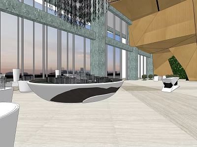 Modern Sales Office Interior With Large Windows Chandelier Reception Desk And Wooden Flooring 3d model