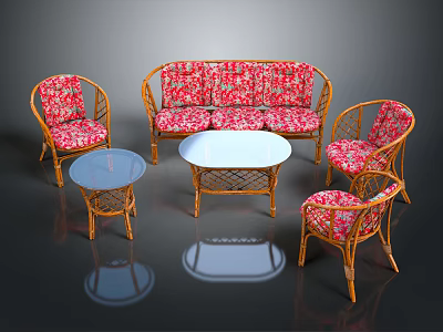 Rattan Sofa And Coffee Table Set With Floral Cushions And Matching Chairs For Living Room 3d model