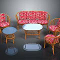 Rattan Sofa And Coffee Table Set With Floral Cushions And Matching Chairs For Living Room