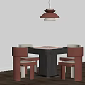 Modern Entertainment Table With Four Stylish Leather Chairs And Pendant Light Against White Blinds 3d model
