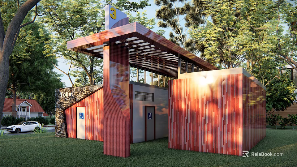 Modern Public Toilet Building With Wooden Panel Exterior Surrounded By Trees And Green Grass 3d model 