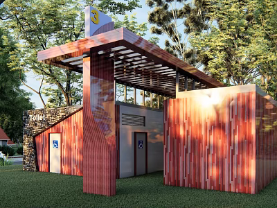 Modern Public Toilet Building With Wooden Panel Exterior Surrounded By Trees And Green Grass 3d model