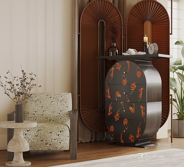 Elegant Black Dresser With Orange Decorative Patterns In Living Room Chair And Plant Setting 3d model 