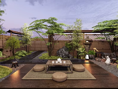 Serene Traditional Garden Courtyard with Wooden Deck Tatami Cushions Stone Lanterns and Green Plants 3d model