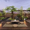 Serene Traditional Garden Courtyard with Wooden Deck Tatami Cushions Stone Lanterns and Green Plants