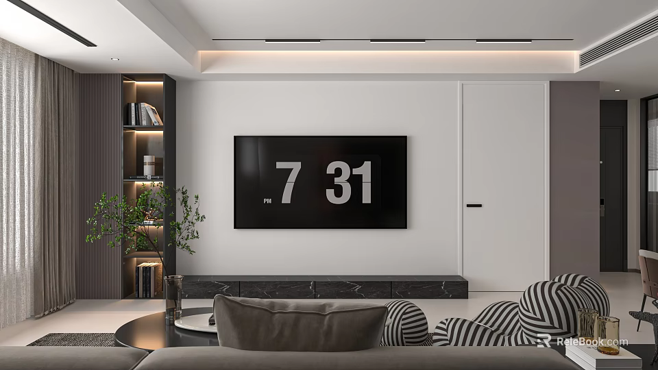 Modern Living Room Interior With TV Cabinet Bookshelf Sofa And Plants 3d model 