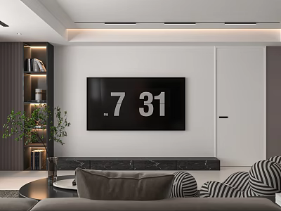 Modern Living Room Interior With TV Cabinet Bookshelf Sofa And Plants 3d model