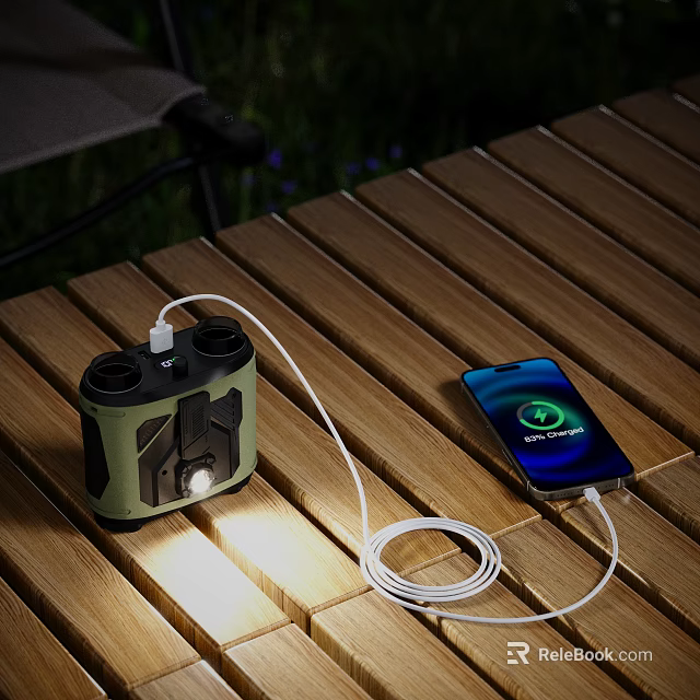 Outdoor Wooden Table Setup With Smartphone Charging And Portable Digital Speaker 3d model 