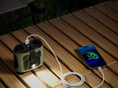 Outdoor Wooden Table Setup With Smartphone Charging And Portable Digital Speaker 3d model
