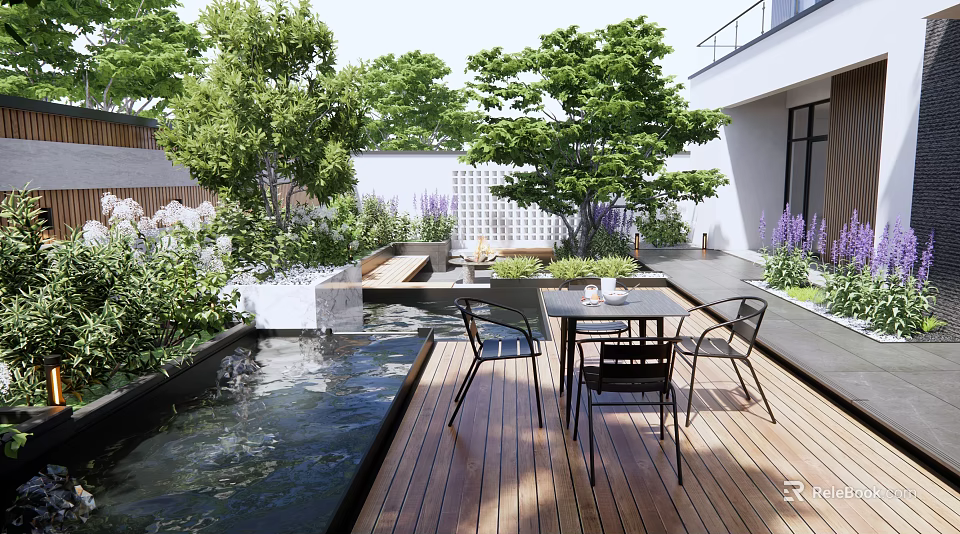 Tranquil Courtyard Garden with Wooden Deck Small Pond Green Plants and Outdoor Dining Set 3d model 