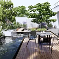 Tranquil Courtyard Garden with Wooden Deck Small Pond Green Plants and Outdoor Dining Set