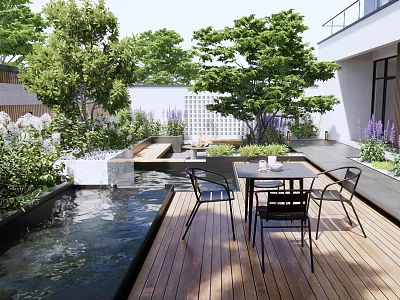 Tranquil Courtyard Garden with Wooden Deck Small Pond Green Plants and Outdoor Dining Set 3d model