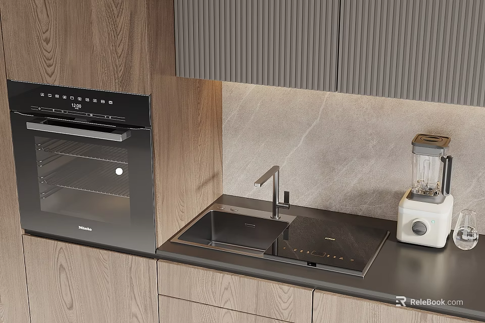 Sleek Modern Kitchen Sink With Faucet And Wooden Cabinets On Stone Countertop 3d model 