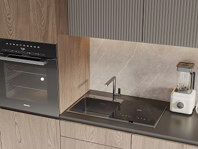 Sleek Modern Kitchen Sink With Faucet And Wooden Cabinets On Stone Countertop 3d model