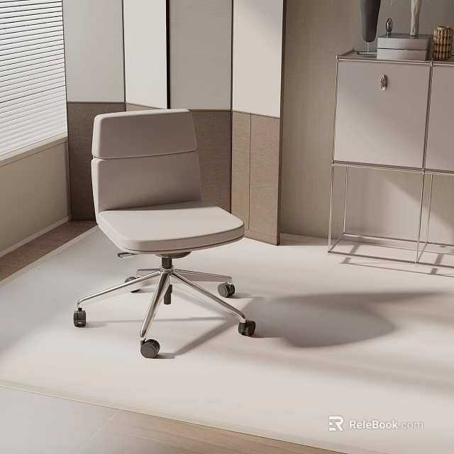 Modern Light Gray Office Chair with Wheels in Bright Office Near Cabinets and Window 3d model 