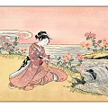 Traditional Kimono Woman In Ukiyo E Style Art With Chrysanthemums And Waves