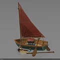Colorful Model Boat With Red Sail Yellow Green Hull And Small Decorative Accessories