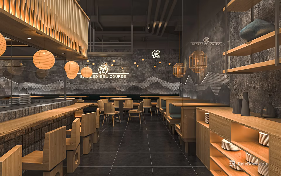 Japanese Inspired Restaurant Interior With Wooden Lanterns Mountain Mural And Wooden Tables Chairs 3d model 