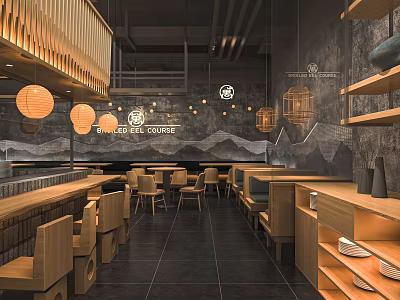 Japanese Inspired Restaurant Interior With Wooden Lanterns Mountain Mural And Wooden Tables Chairs 3d model
