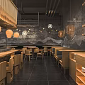 Japanese Inspired Restaurant Interior With Wooden Lanterns Mountain Mural And Wooden Tables Chairs