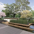 Landscape Wall With Cherry Blossom Trees Lush Greenery Stone Paving And Water Feature