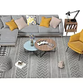Modern Sofa Coffee Table Set With Yellow Pillows Accent Chair And Patterned Rug 3d model