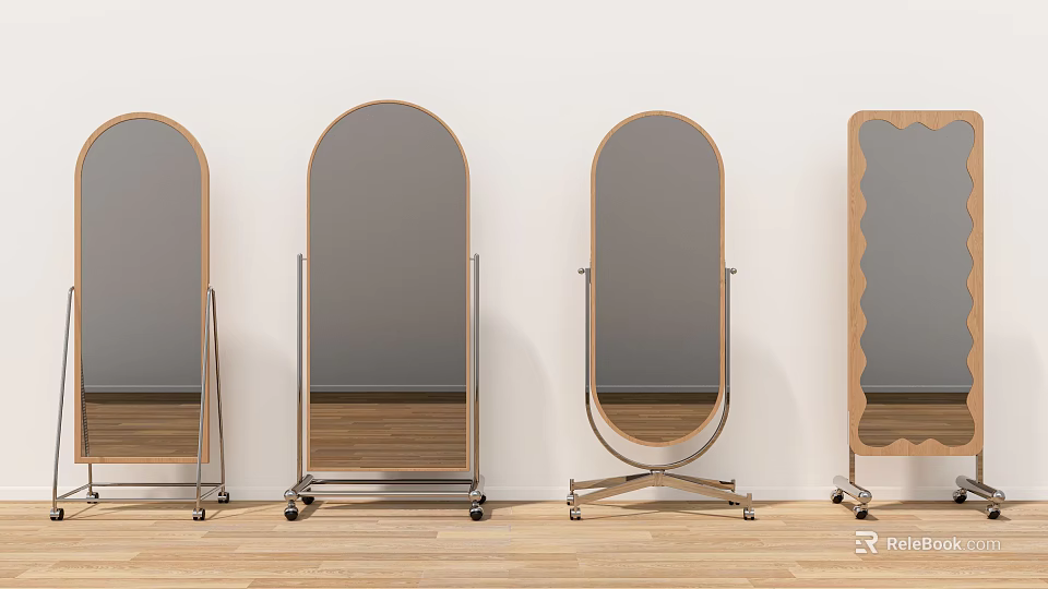 Stylish Floor Mirrors With Arched Scalloped Edges And Metal Wooden Stands 3d model 
