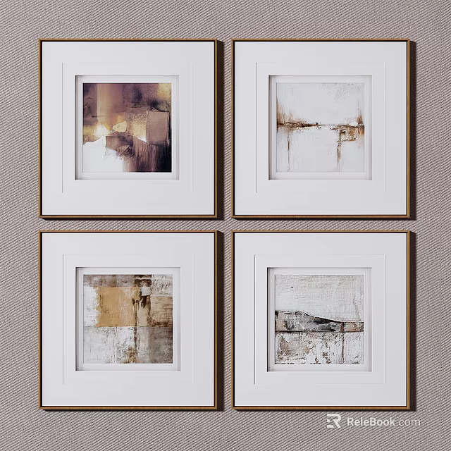 Four White Framed Abstract Wall Art With Brown Beige Gray Neutral Tones For Home Decor 3d model 