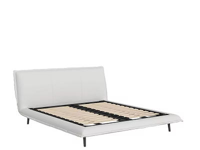 Modern Double Bed Frame Featuring White Headboard Wooden Slats and Black Legs 3d model