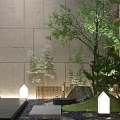 Modern Architectural Courtyard Garden Landscape With Stone Path Green Plants Water Feature And Lighting