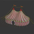 Pink And White Striped Circus Tent With Red Cone Tops Colorful Flags And String Lights