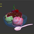 Delicious Colorful Ice Cream in Glass Bowl with Chocolate Sauce and Cherries Served with Spoon