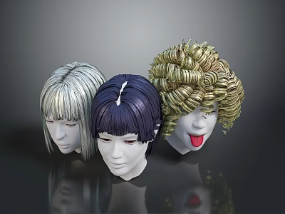 Three Character Head Models With Diverse Hairstyles And Hair Color Designs 3d model