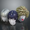 Three Character Head Models With Diverse Hairstyles And Hair Color Designs